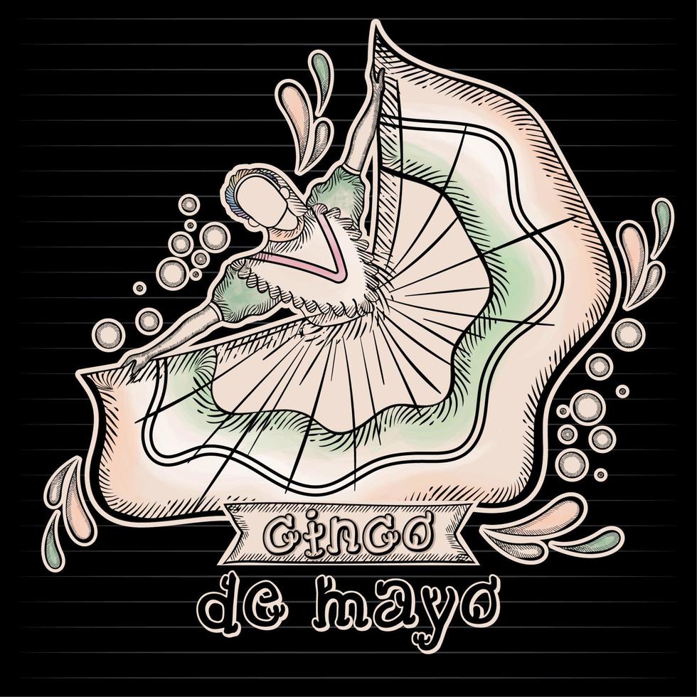 esboço de mulher com vestido mexicano tradicional dançando vetor de cinco de maio