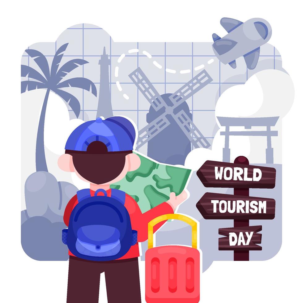 menino bonito viajando no dia mundial do turismo vetor
