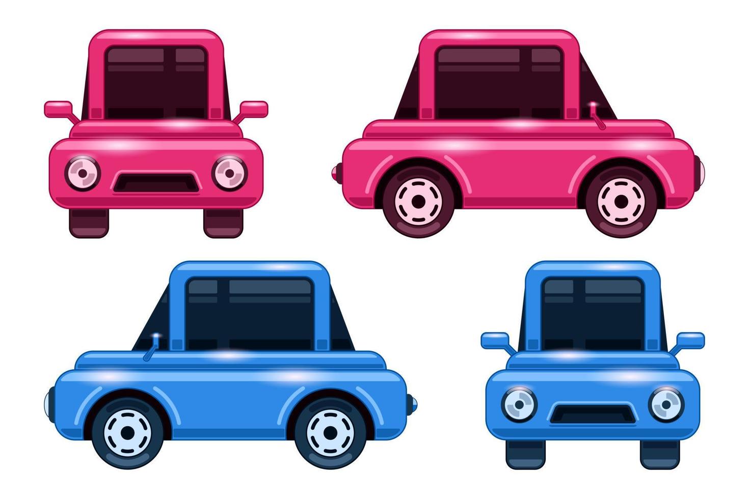 definir o fundo branco isolado dos desenhos animados de vista frontal e lateral de mini carros brilhantes vetor