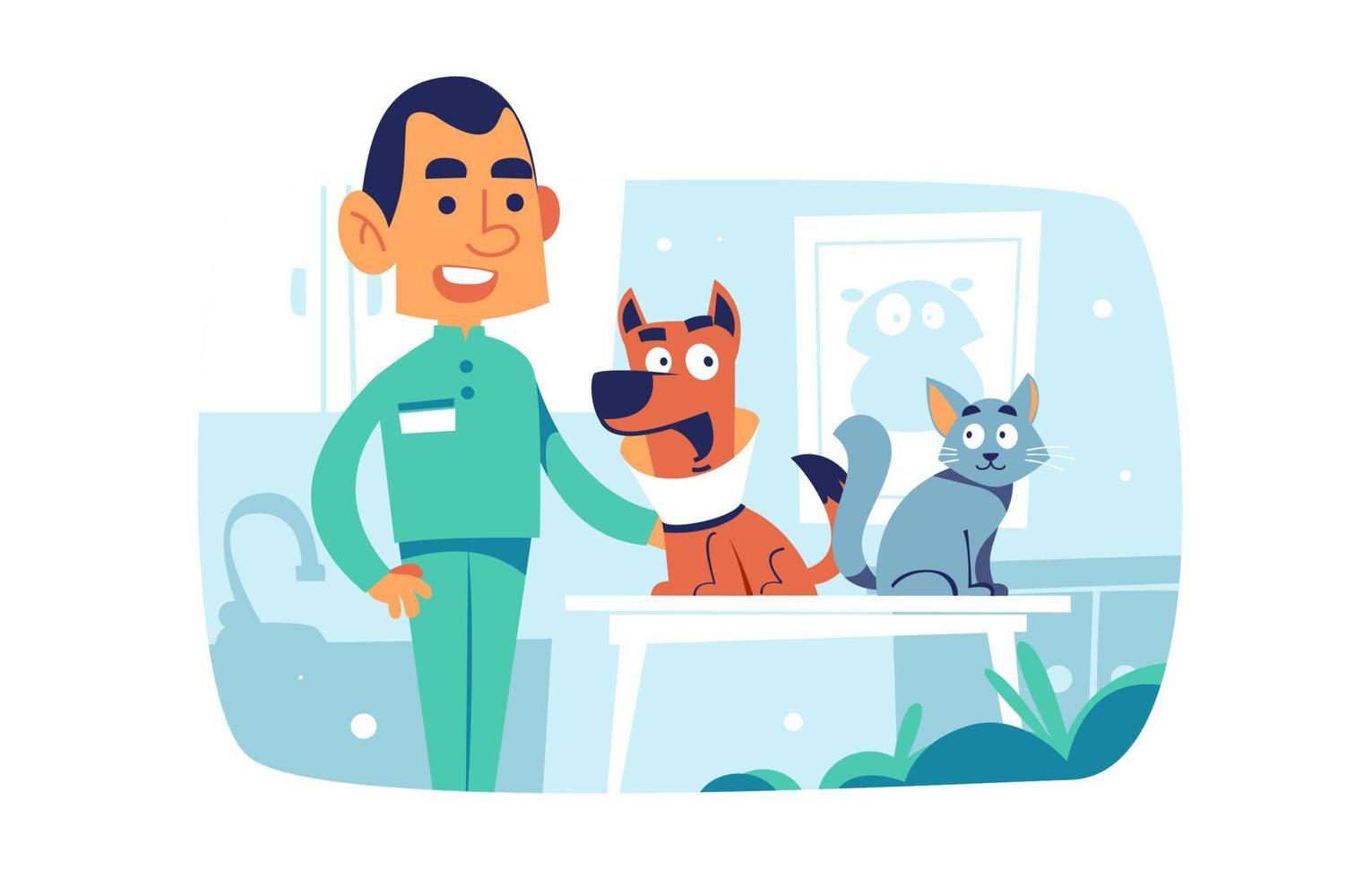 personagem veterinário com cachorro e gato vetor