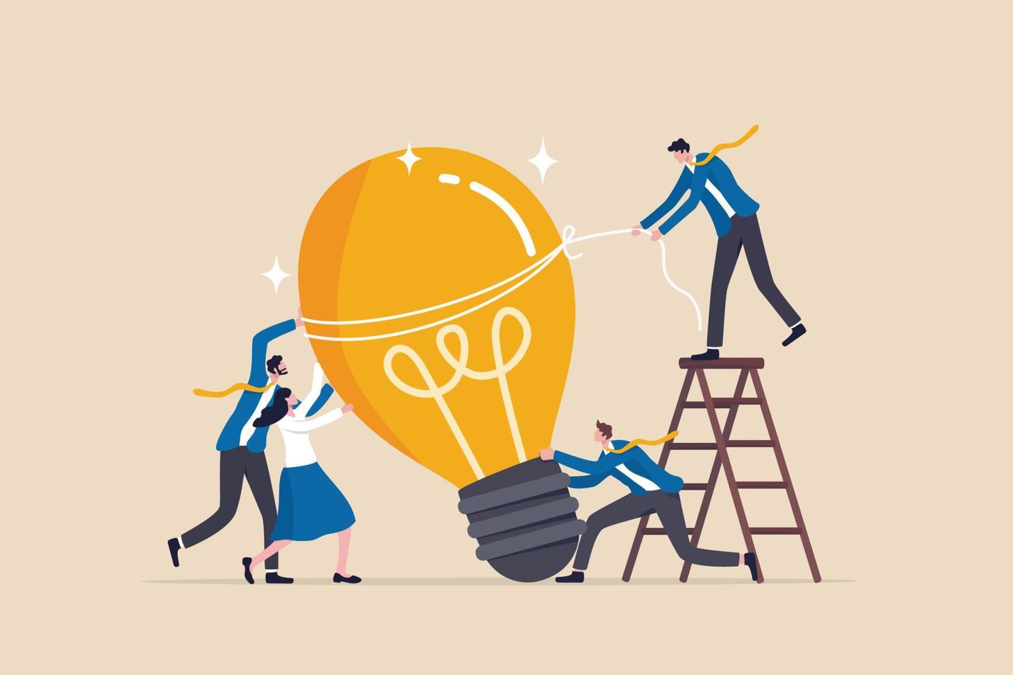 brainstorming para uma nova ideia, colaboração de trabalho em equipe para desenvolvimento de negócios, inovação para obter solução ou criatividade para o conceito de missão empresarial, as pessoas da equipe de negócios ajudam a suportar a ideia da lâmpada. vetor