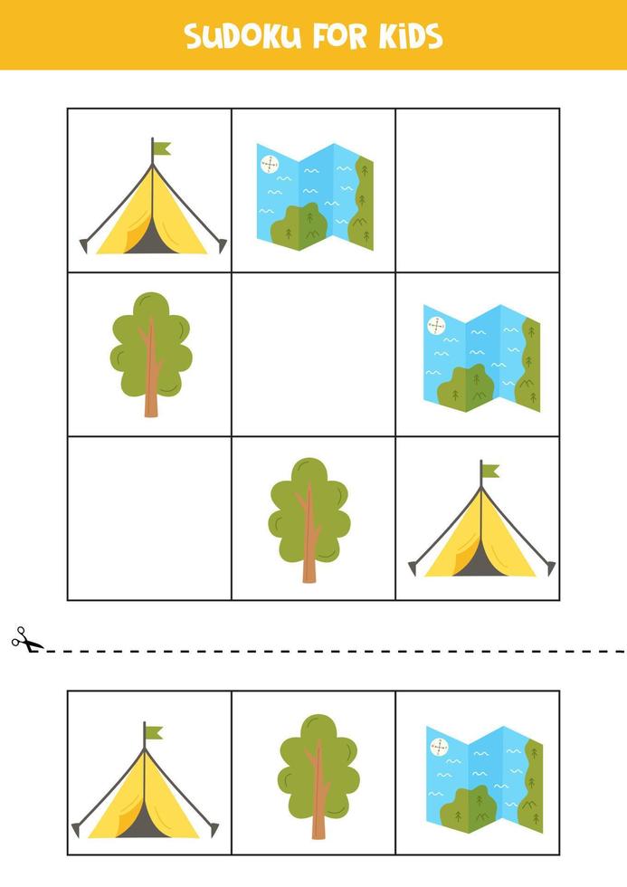 jogo educacional de sudoku com elementos de acampamento para crianças. vetor