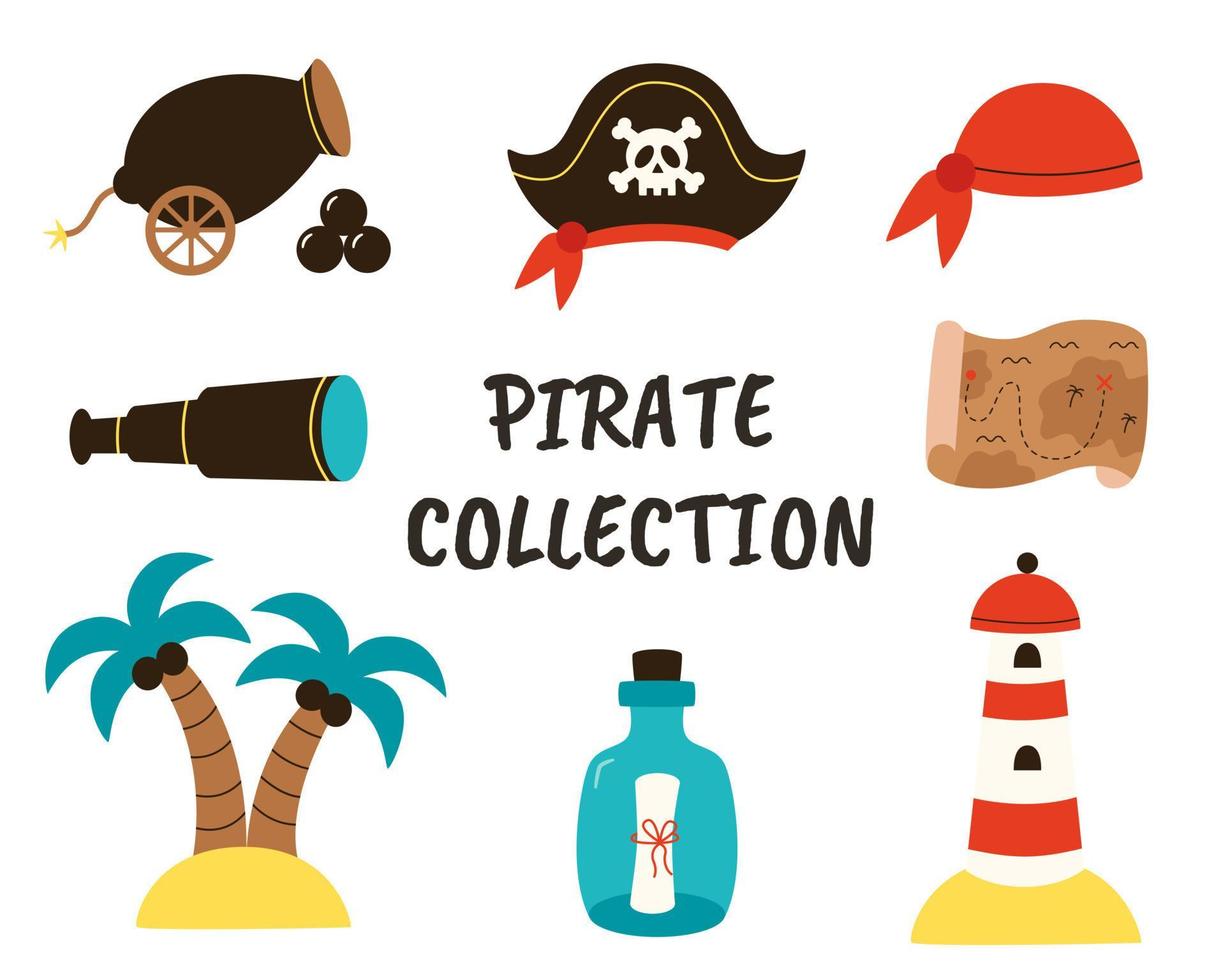 conjunto de elementos piratas desenhados à mão para criar logotipos, cartões, planilhas e cartazes. vetor