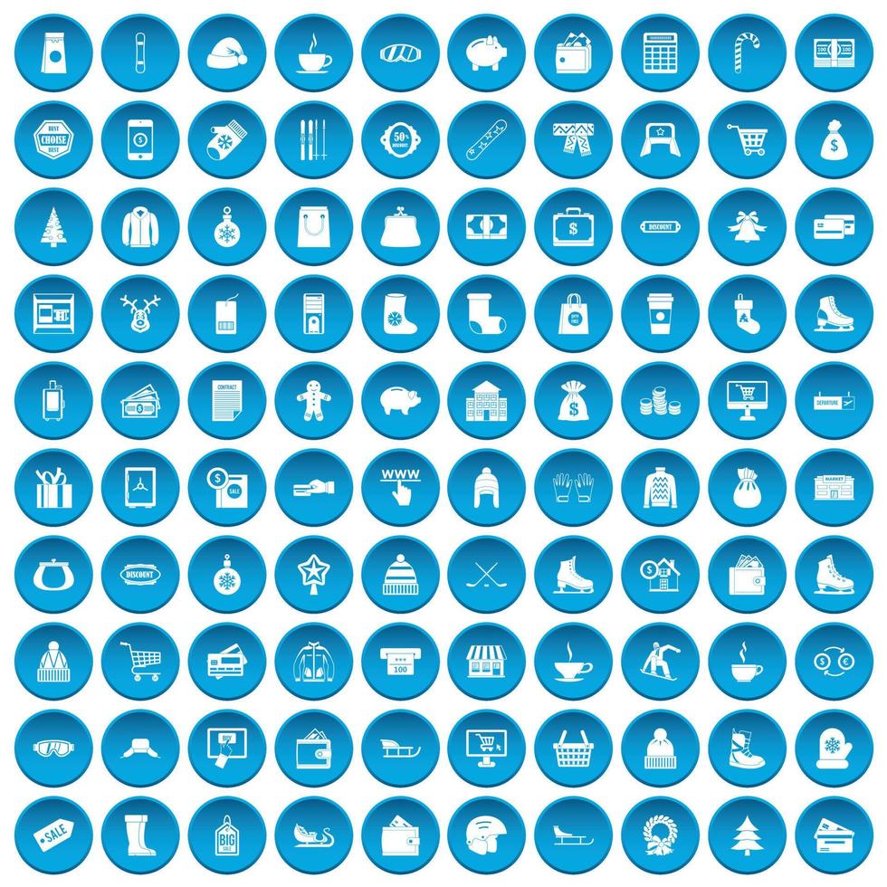 100 ícones de compras de inverno conjunto azul vetor