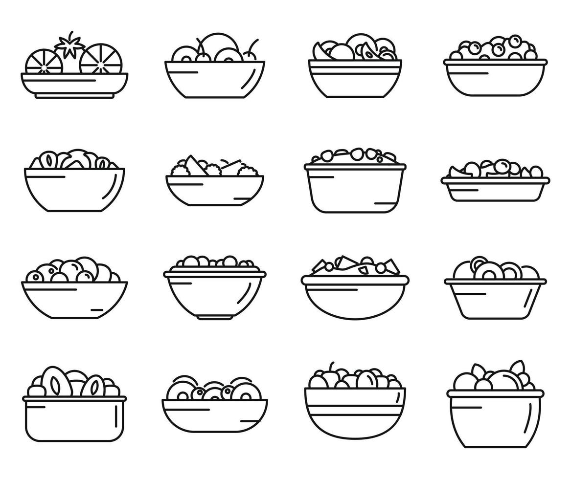 ícones de salada de frutas definir vetor de contorno. calorias da refeição