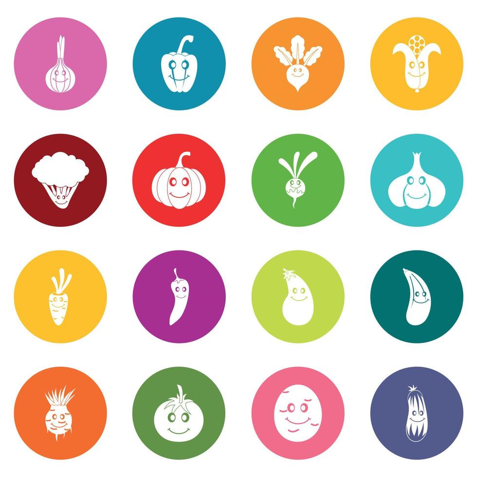 conjunto de muitas cores de ícones de legumes a sorrir vetor