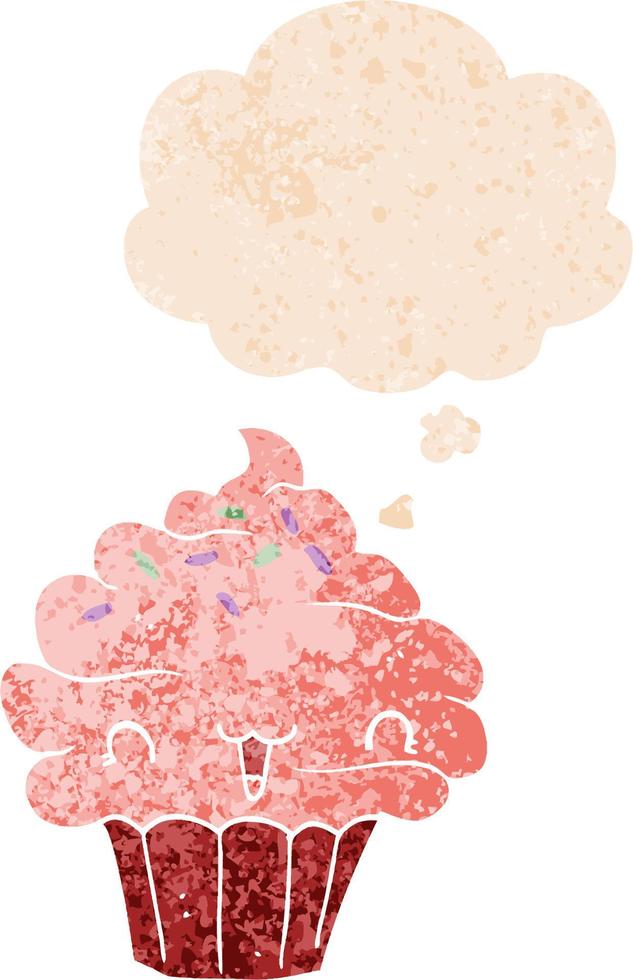 cupcake fosco de desenho bonito e balão de pensamento em estilo retrô texturizado vetor