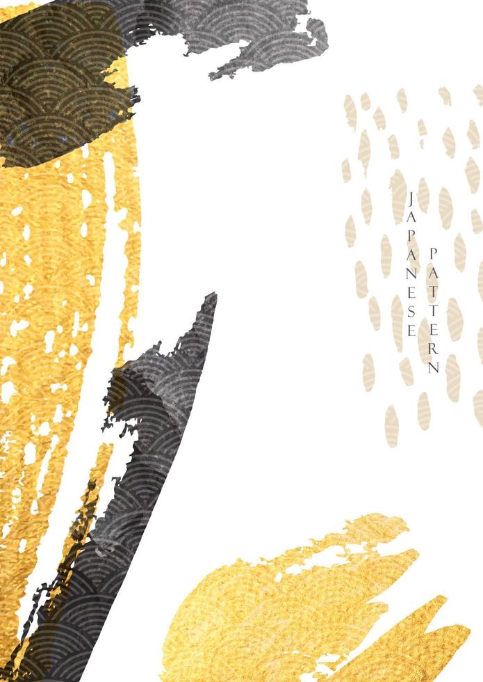 fundo de arte abstrata com vetor de textura de ouro. padrão de onda japonesa e elemento de pedra com ilustração de modelo de pincelada em estilo oriental.