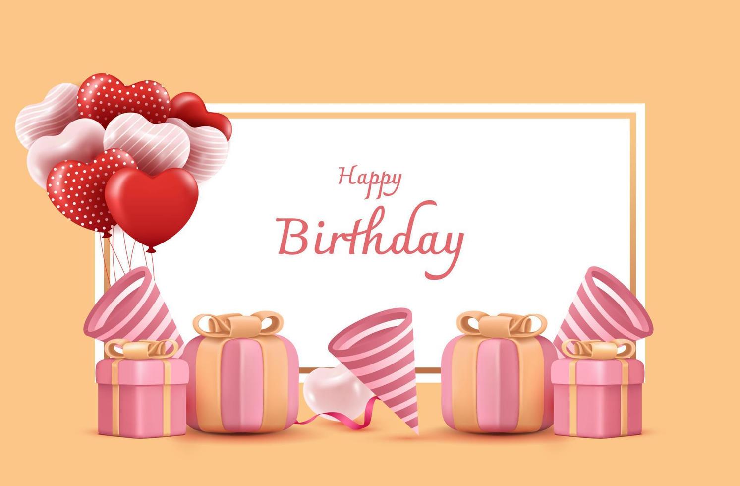 feliz aniversário vector design para cartões e pôster com balão, confete e caixa de presente, modelo de design para festa de aniversário.