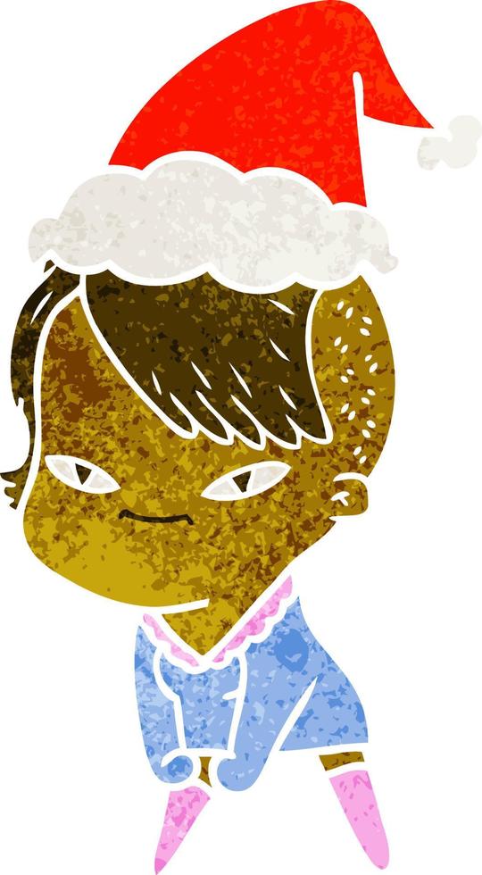 bonito desenho retrô de uma garota com corte de cabelo hipster usando chapéu de papai noel vetor