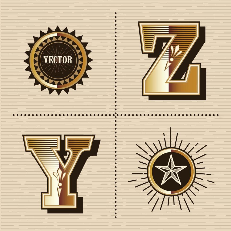 ilustração em vetor de design de fonte de letras do alfabeto ocidental vintage y, z
