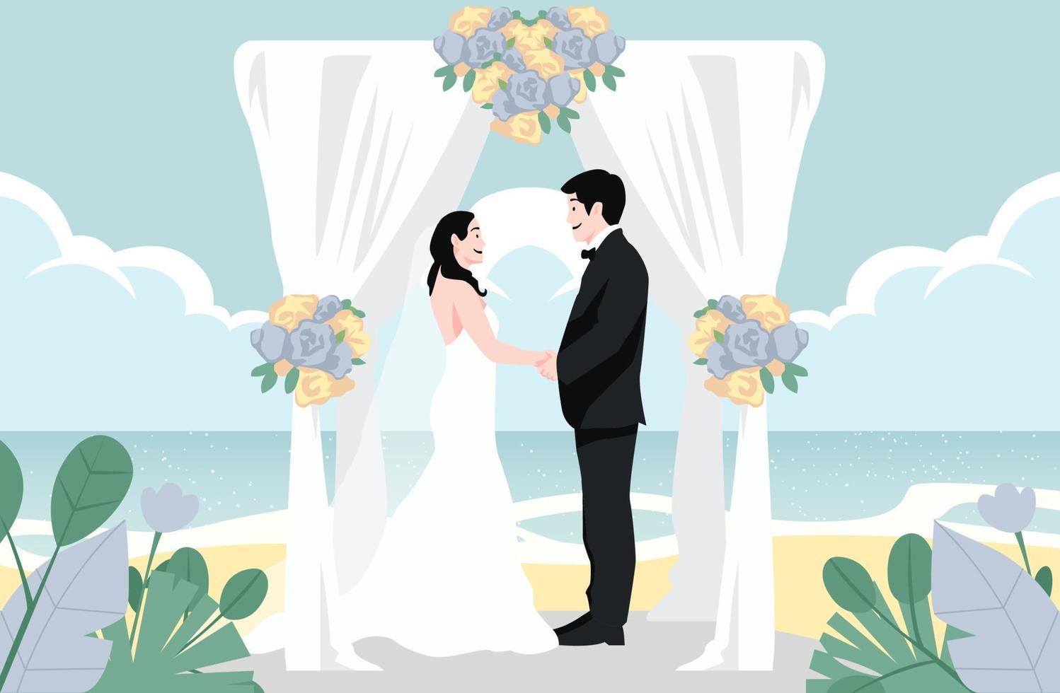 ilustração de vetor de cerimônia de casamento de casal de noivos no dia do casamento de praia colorido