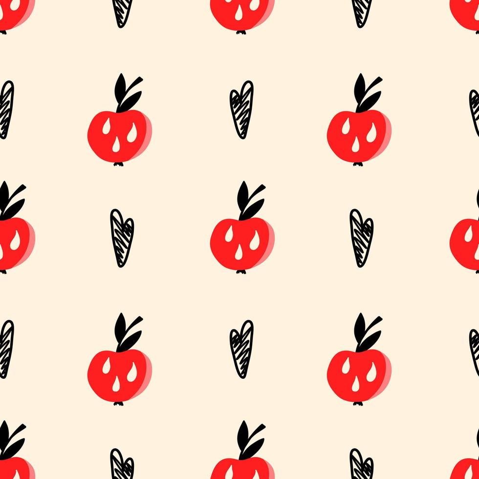padrão de vetor com uma maçã vermelha e corações em um estilo simples em um fundo bege. padrão moderno para tecidos, camisetas, embrulho, cartões postais, feriados