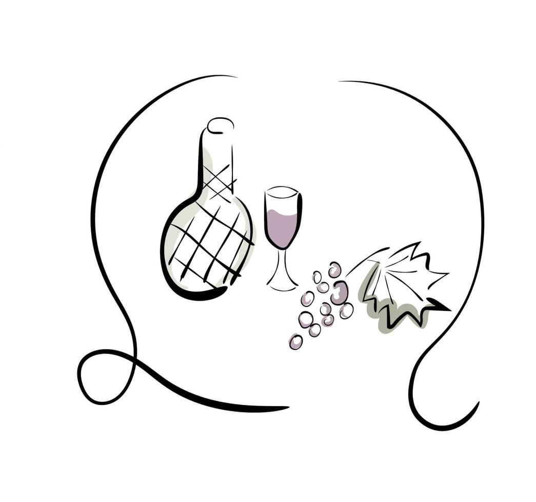 desenho de vinho, uvas e um copo. vinho italiano. vetor