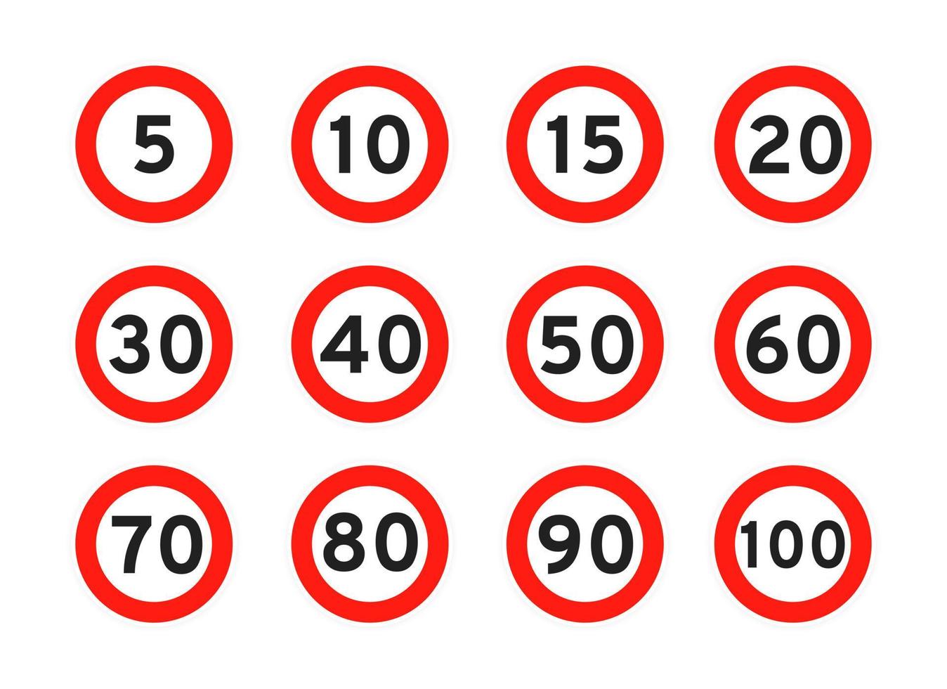 limite de velocidade 5, 10, 15, 20, 30, 40, 50, 60, 70, 80, 90, 100 rodada ícone de tráfego rodoviário sinal estilo plano design ilustração vetorial conjunto. vetor