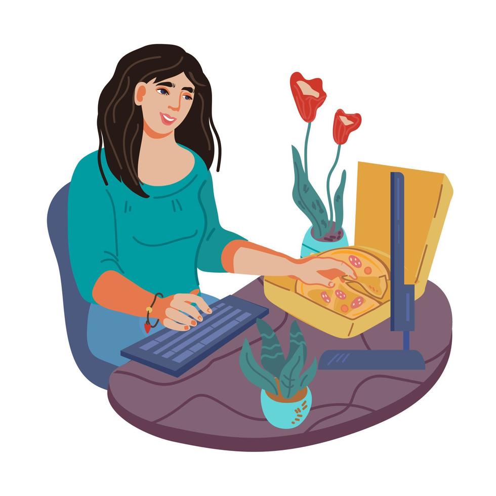 personagem de desenho animado de mulher petiscando durante o trabalho no computador, ilustração vetorial plana isolada. garota comendo pizza. comida e comer em casa, hora do almoço de negócios. vetor