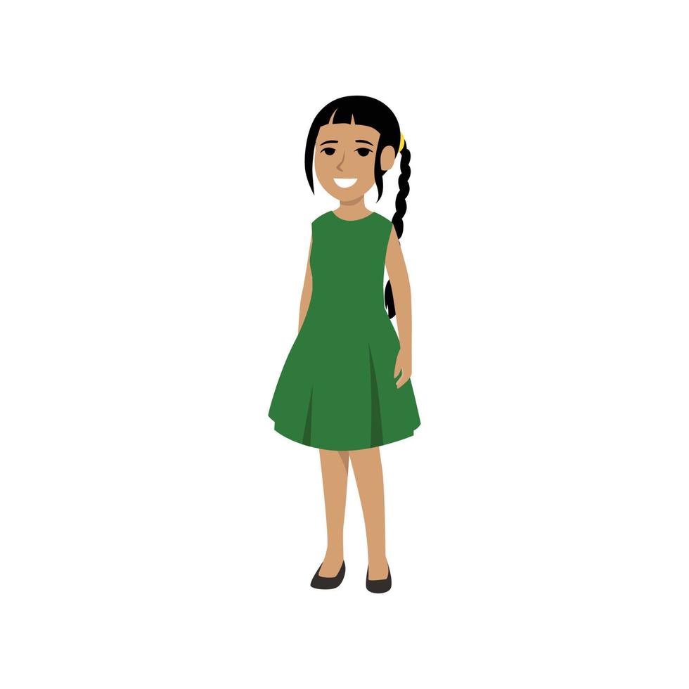 retrato de vetor de menina bonitinha com pele morena, usando vestido verde .happy criança.