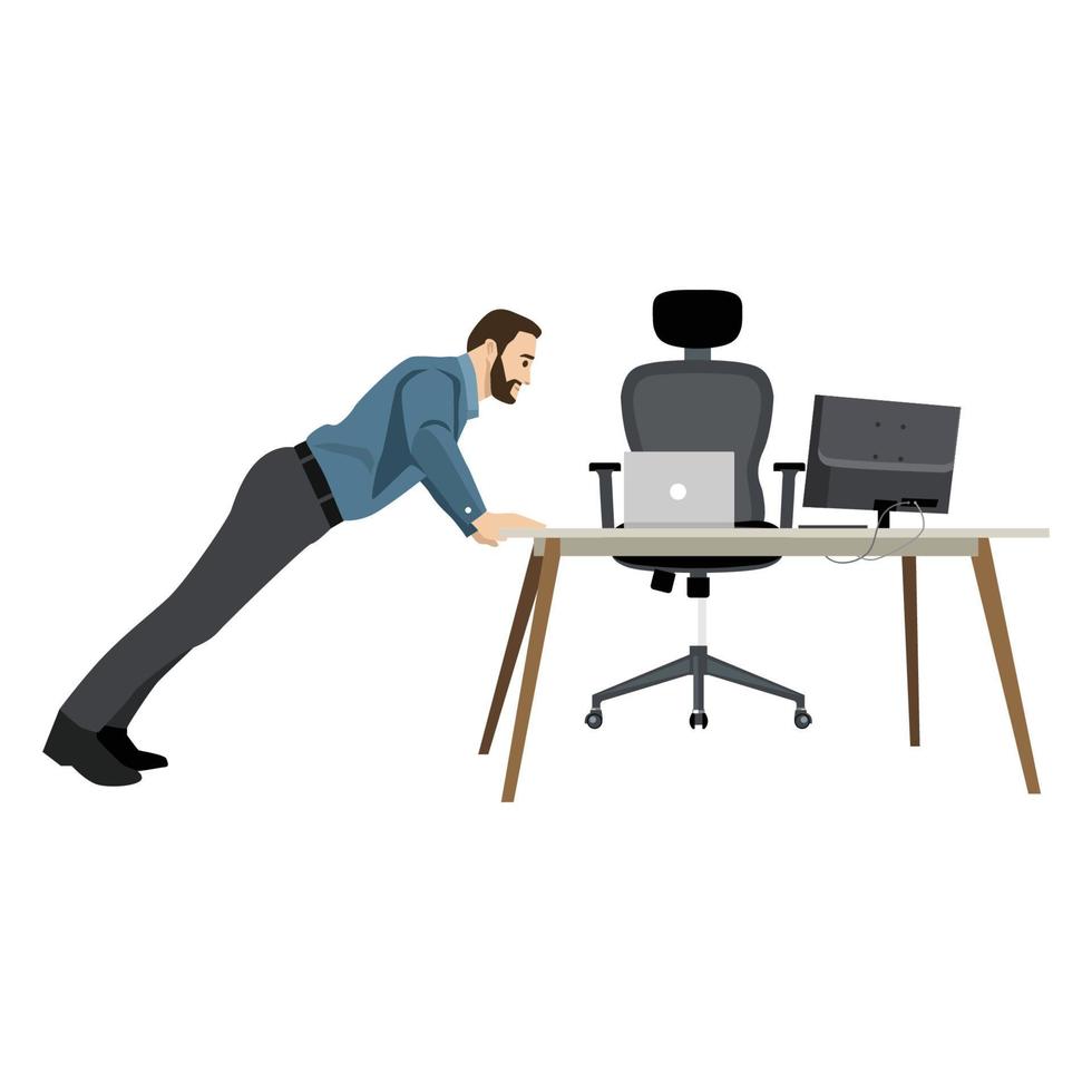 homem em roupas de negócios está fazendo exercícios push-up na cadeira do escritório. empresário em modo saudável. ilustração em vetor plana.