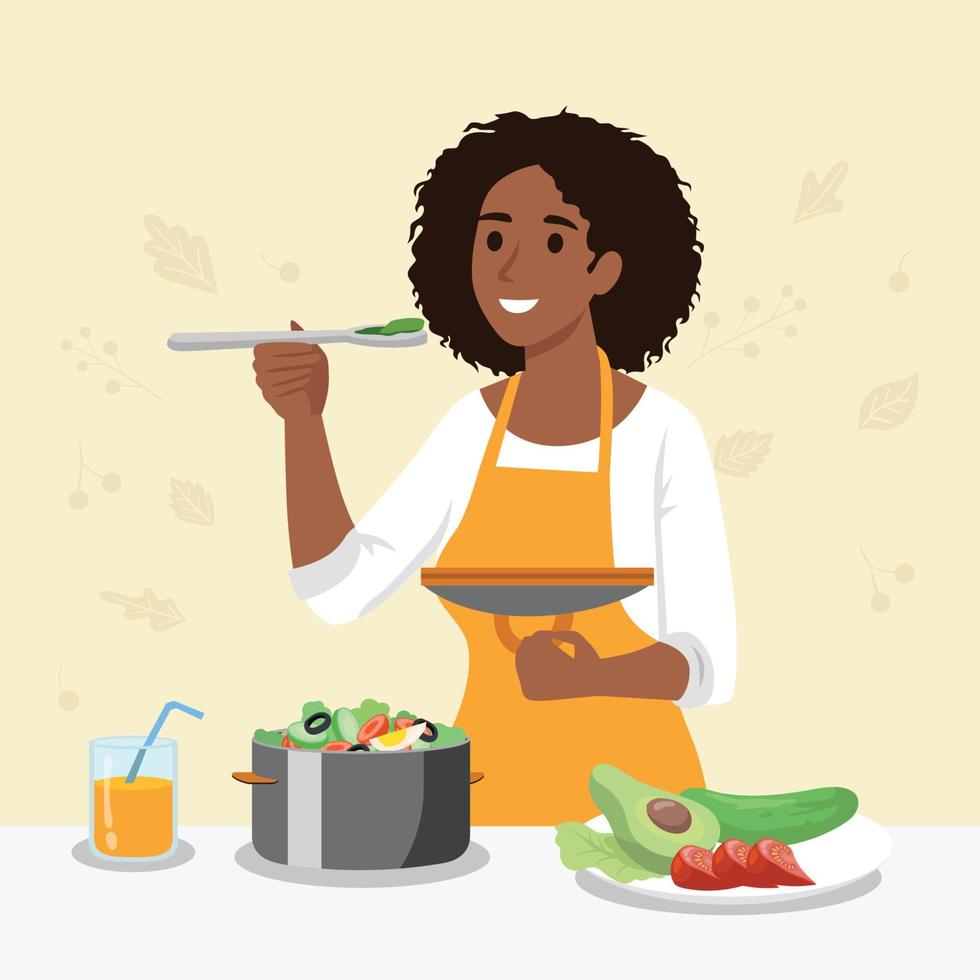 mulher menina fogão vegetariano personagem de desenho animado permanente com comida saudável frutas e legumes em casa restaurante. estilo de vida saudável e nutrição ou dieta adequada vetor
