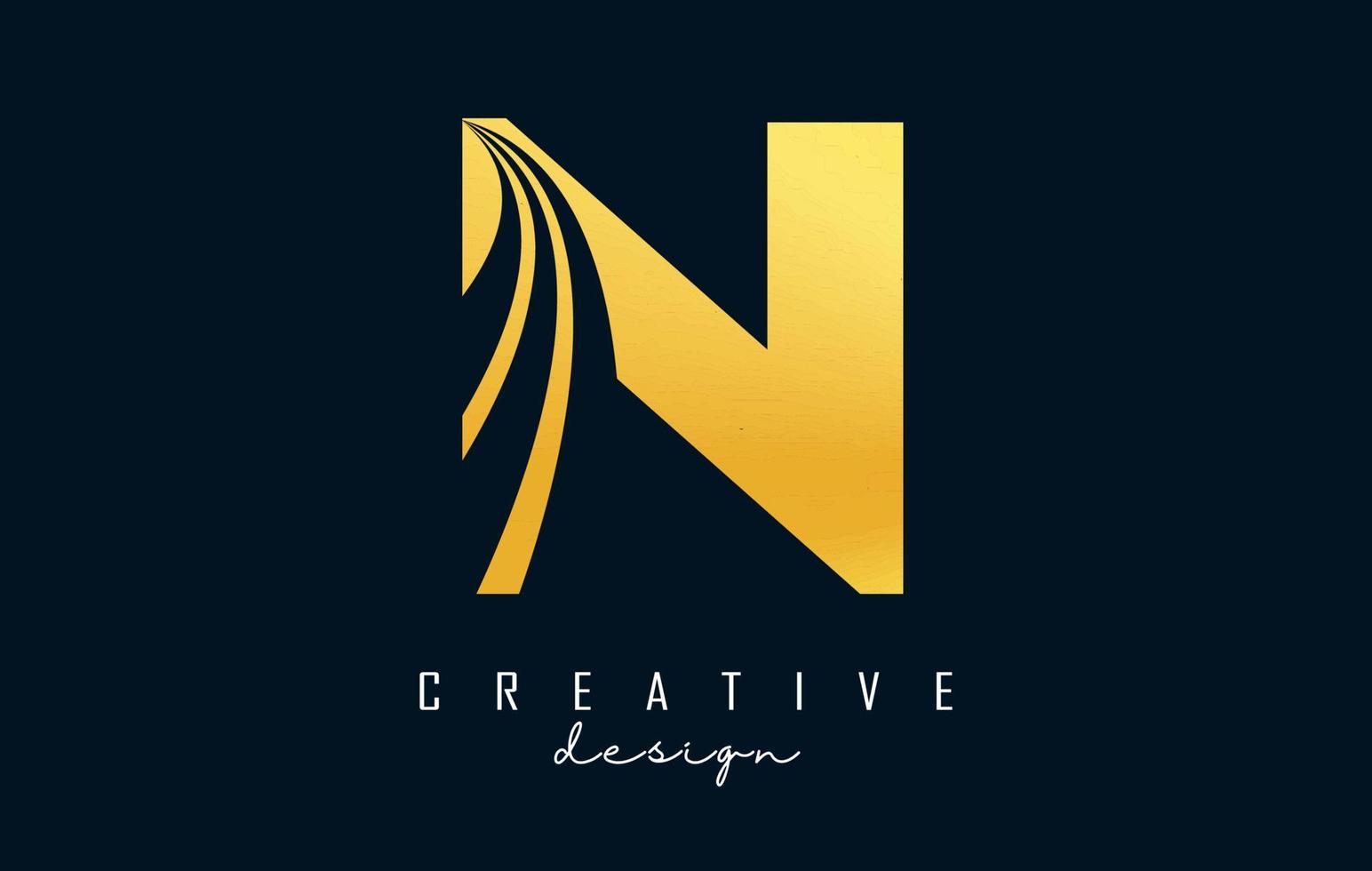 logotipo criativo de letra dourada n com linhas principais e design de conceito de estrada. letra n com desenho geométrico. vetor