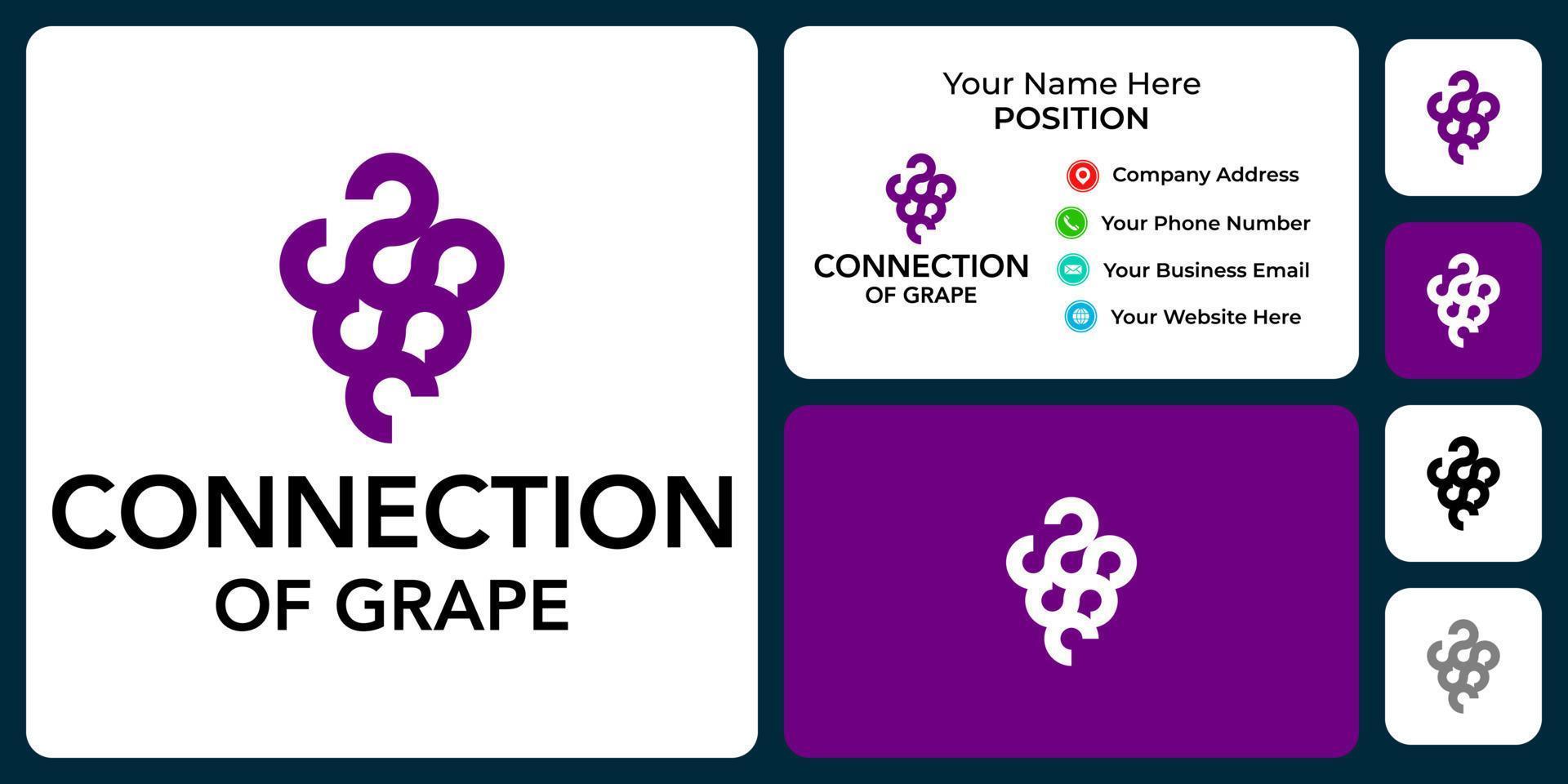 design de logotipo de vidro de uva e conexão com modelo de cartão de visita. vetor