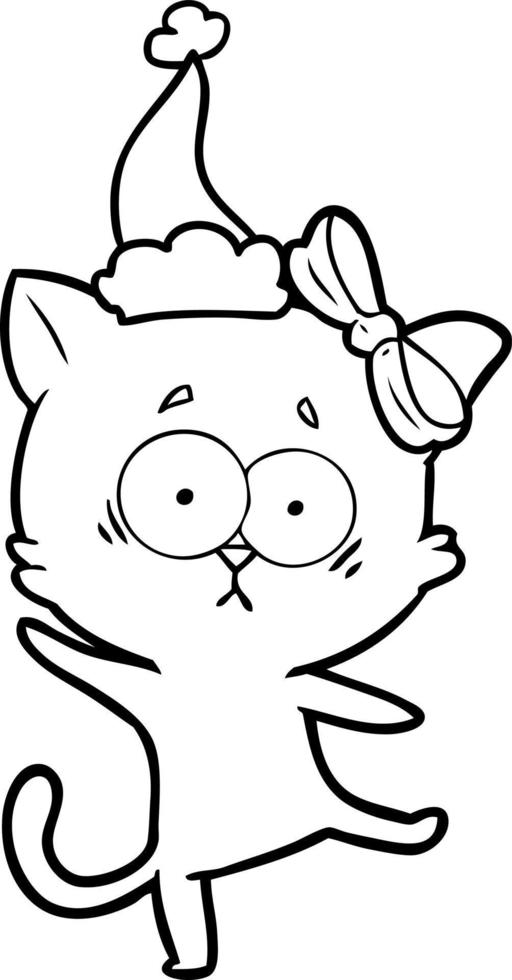 desenho de linha de um gato usando chapéu de papai noel vetor