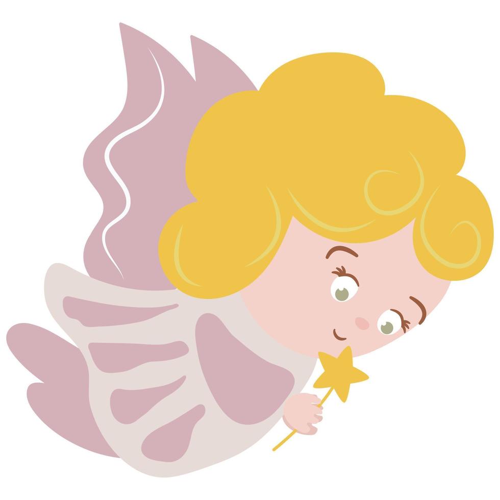 lindo anjo desenhado com uma varinha mágica. fundo branco, isolar. ilustração vetorial. vetor