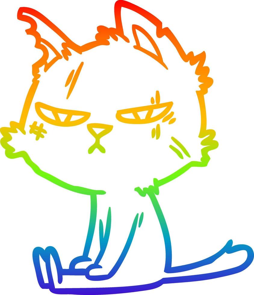 linha de gradiente de arco-íris desenhando um gato de desenho animado difícil sentado vetor