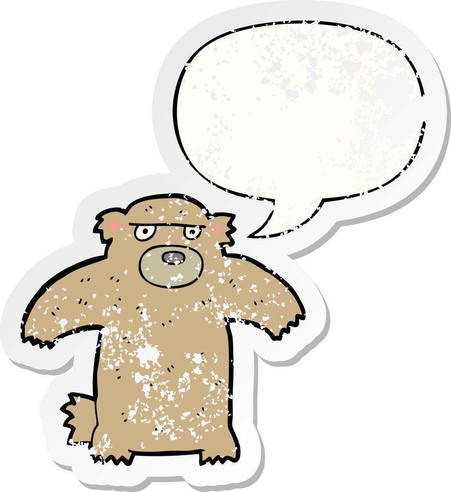 adesivo angustiado de urso de desenho animado e bolha de fala vetor