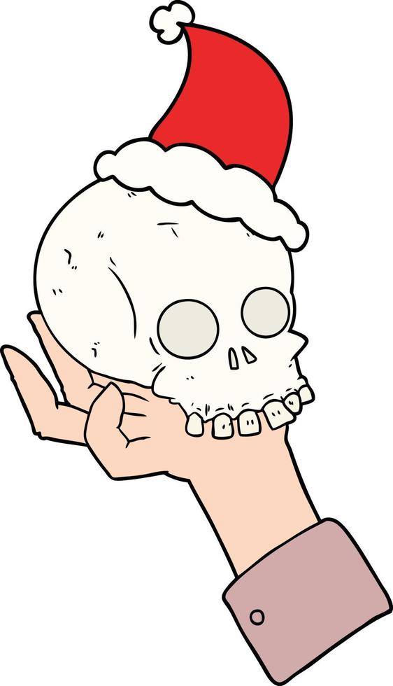 desenho de linha de uma mão segurando o crânio usando chapéu de Papai Noel vetor