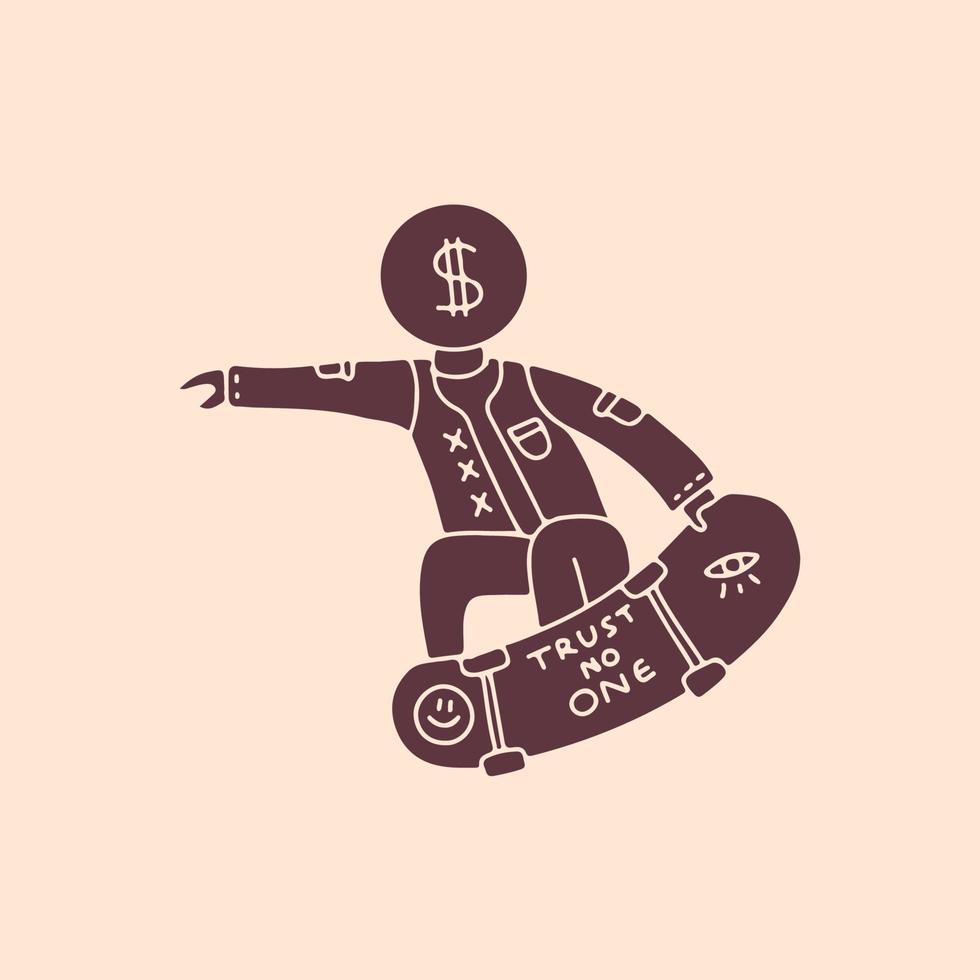 homem com skate freestyle cabeça de moeda de dólar, ilustração para t-shirt, cartaz, adesivo ou mercadoria de vestuário. com estilo cartoon retrô vetor
