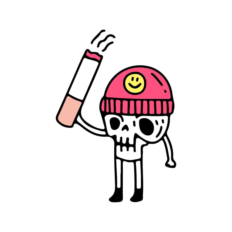 crânio bonito com chapéu de gorro segurando cigarro, ilustração para t-shirt, adesivo ou mercadoria de vestuário. com estilo doodle, retrô e desenho animado. vetor