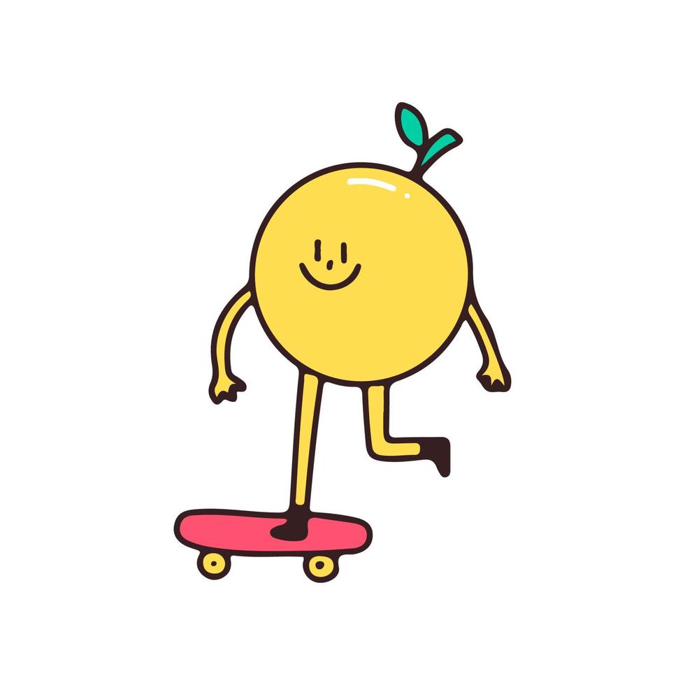 personagem de limão fofo andando de skate, ilustração para camiseta, adesivo ou mercadoria de vestuário. com estilo doodle, retrô e desenho animado. vetor