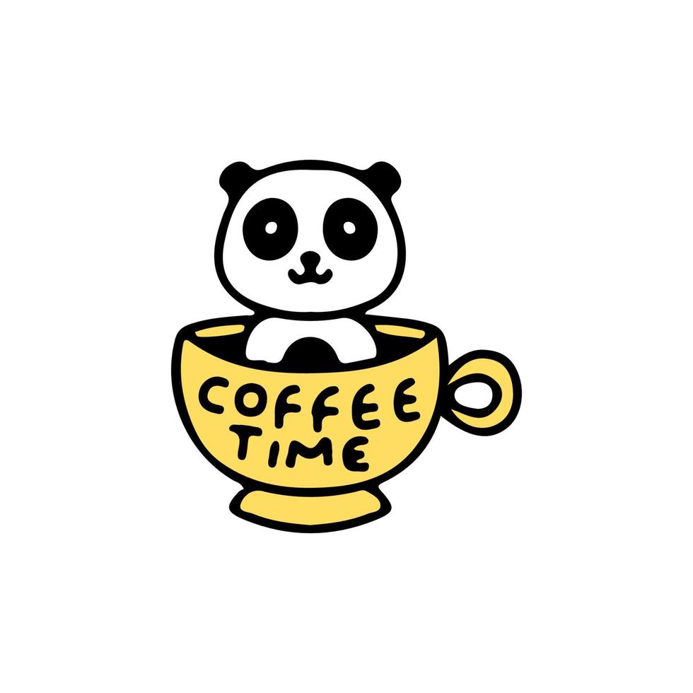 xícara de café com panda dentro, ilustração para camiseta, roupa de rua, adesivo ou mercadoria de vestuário. com estilo doodle, retrô e desenho animado. vetor