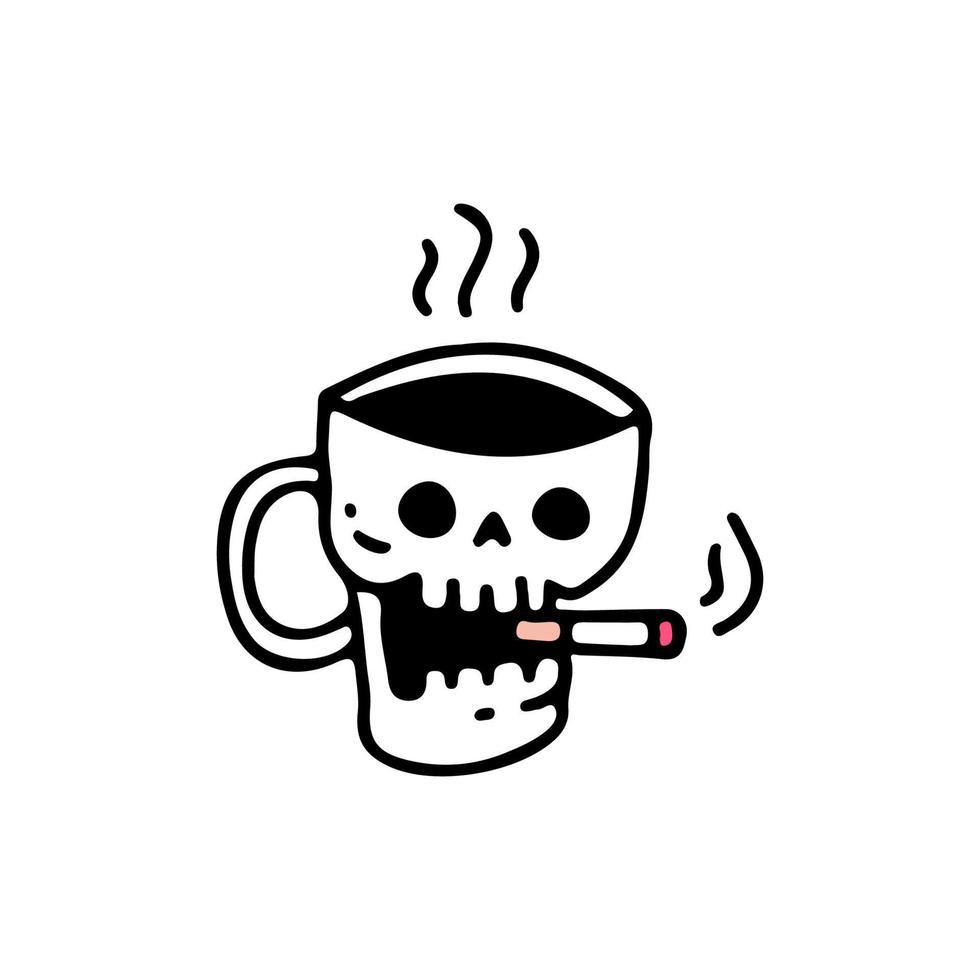 cigarro de fumaça de xícara de café de caveira, ilustração para t-shirt, adesivo ou mercadoria de vestuário. com estilo doodle, retrô e desenho animado. vetor