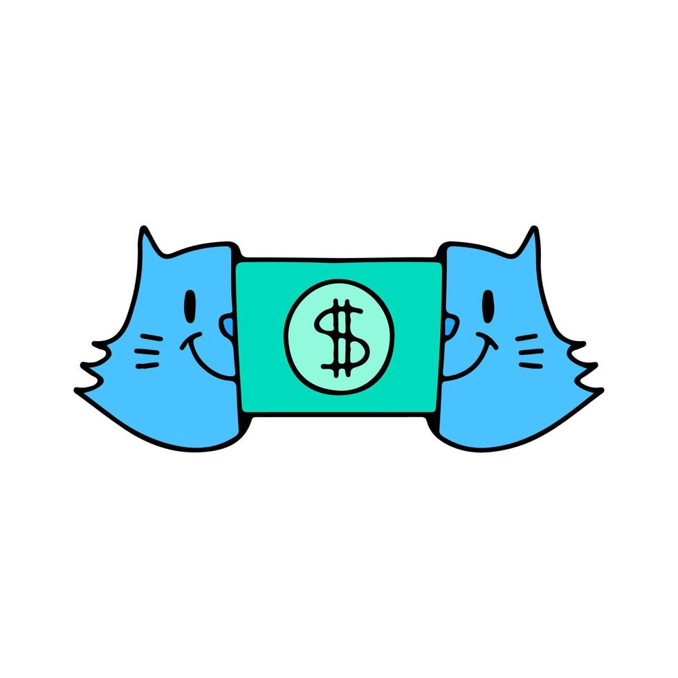 fantasia duas metades da cabeça de gato com dólar dentro, ilustração para camiseta, roupa de rua, adesivo ou mercadoria de vestuário. com estilo doodle, retrô e desenho animado. vetor