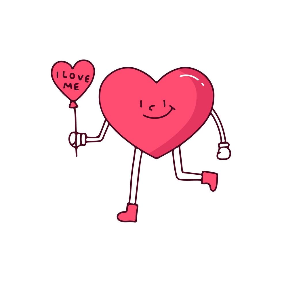 personagem de coração segurando balão de amor, ilustração para camiseta, roupa de rua, adesivo ou mercadoria de vestuário. com estilo retrô e cartoon. vetor