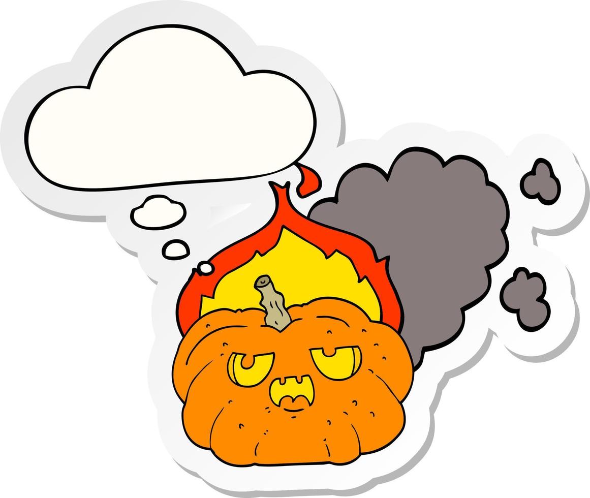 desenho animado abóbora de halloween em chamas e balão de pensamento como um adesivo impresso vetor