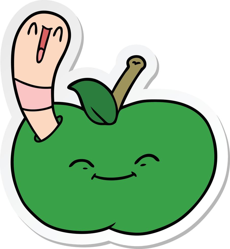 adesivo de um verme feliz de desenho animado em uma maçã vetor