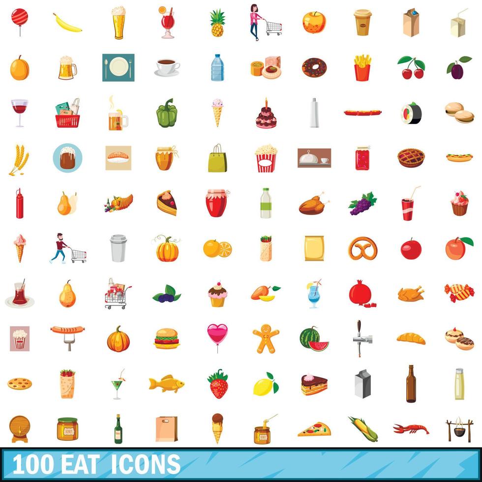 conjunto de 100 ícones de comer, estilo cartoon vetor