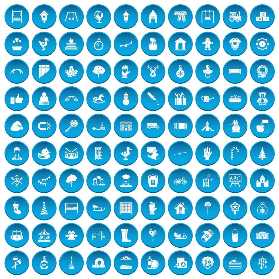 100 ícones do jardim de infância conjunto azul vetor