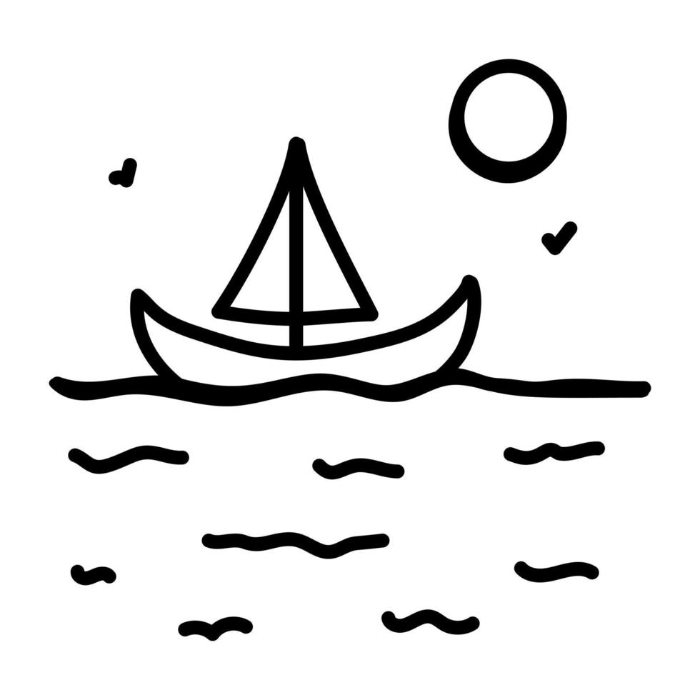 uma vista para o mar com ícone de doodle de barco vetor