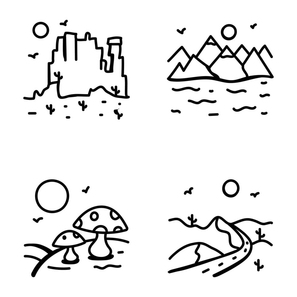 ícones de doodle de colinas e paisagens vetor