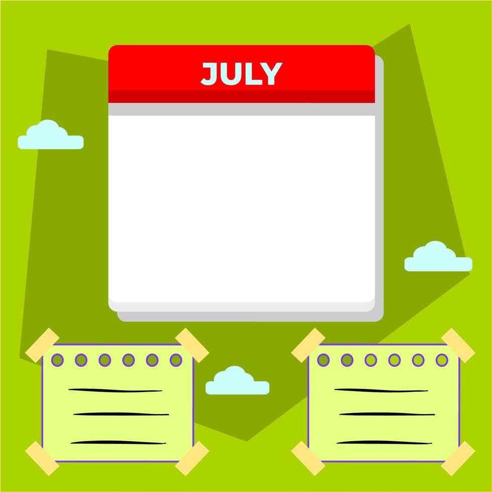 modelo de calendário único de julho e notas adesivas em branco. modelos adequados para conteúdo de mídia social. vetor