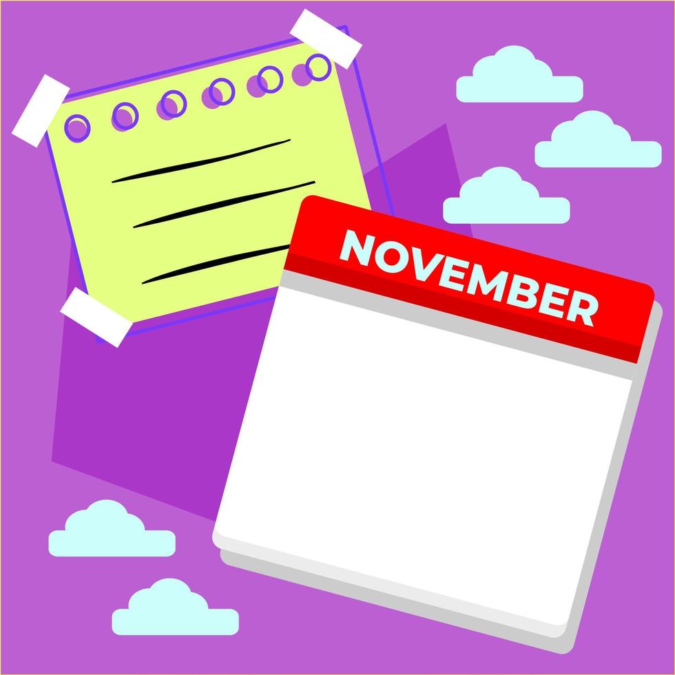 modelo de calendário único de novembro e notas adesivas em branco. modelos adequados para conteúdo de mídia social. vetor