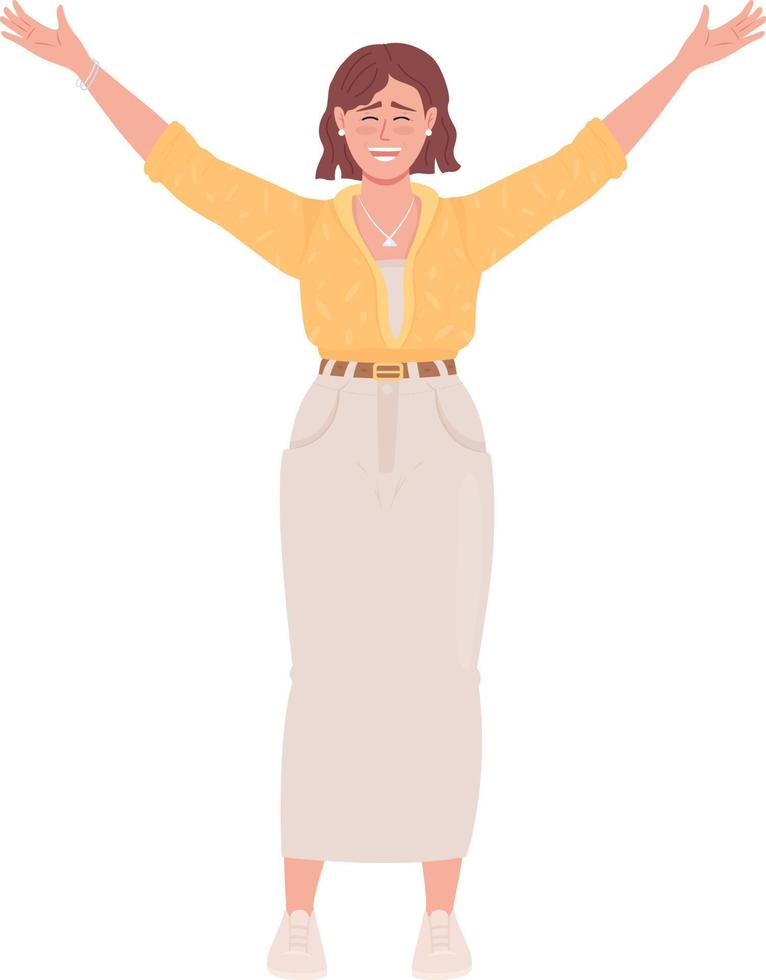 mulher alegre levantando mãos personagem de vetor de cor semi plana