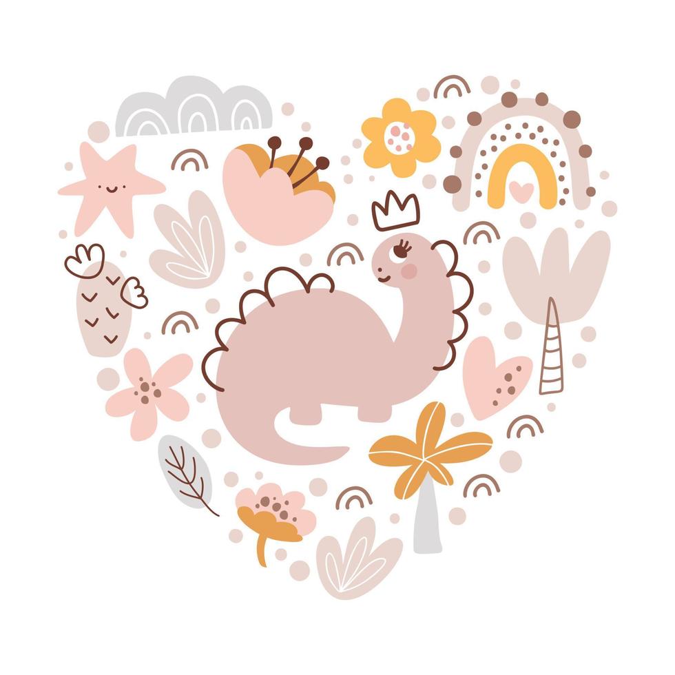 composição de garota dino vector fofo em forma de amor de coração. paisagem de cartão de criança com dinossauro, cacto, palma, planta, flor. ilustração escandinava de bebê dos desenhos animados