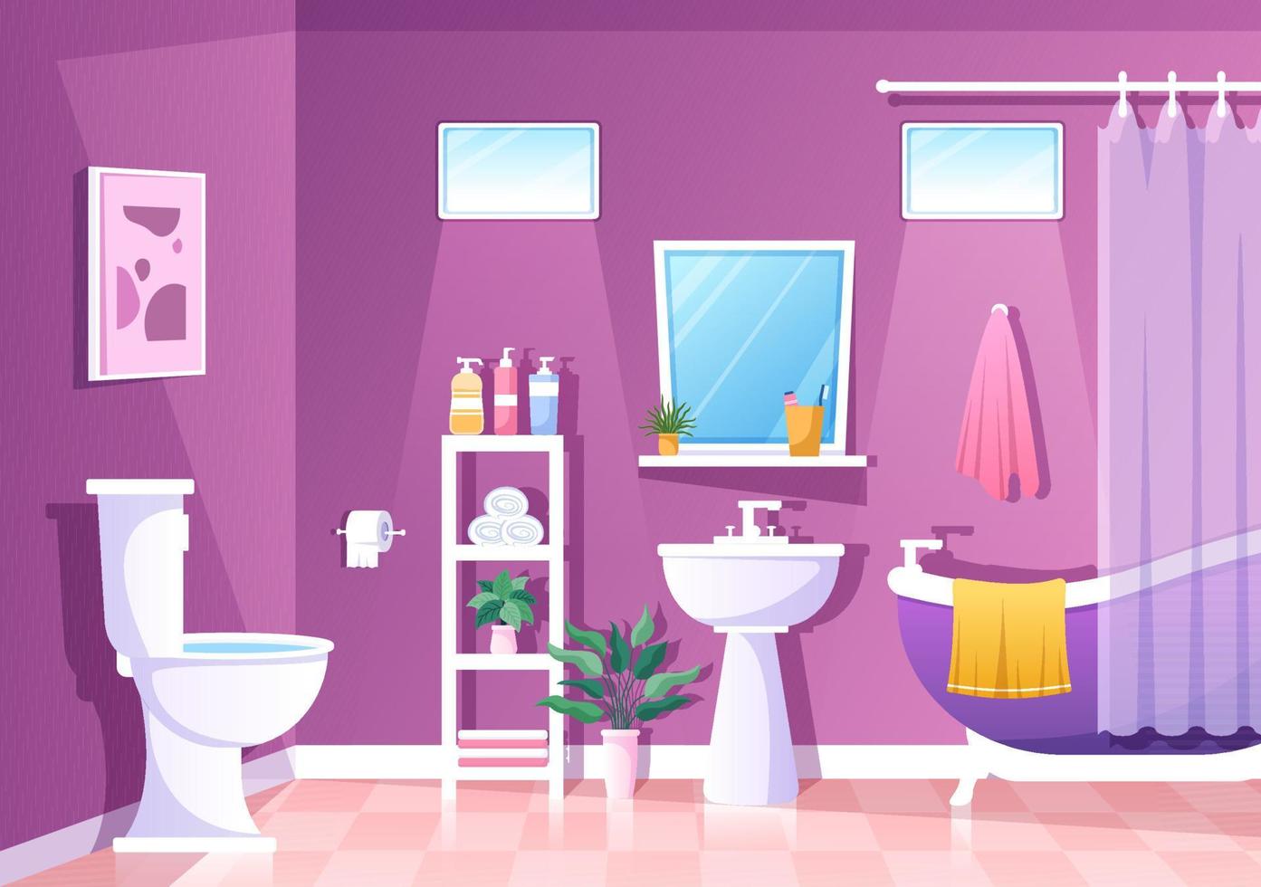 ilustração de fundo interior de móveis de banheiro moderno com banheira, pia de toalete para tomar banho e limpar em estilo de cor lisa vetor