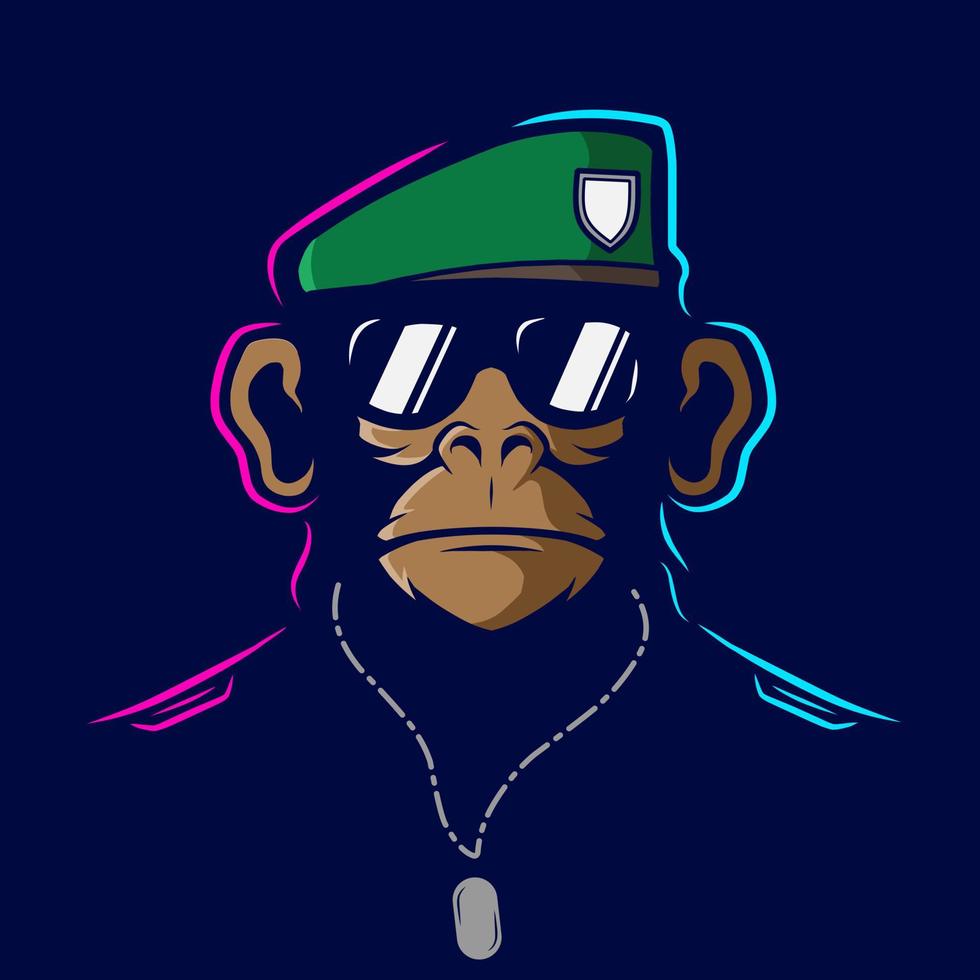 linha de macaco funky do exército. logotipo da arte pop. design colorido com fundo escuro. ilustração em vetor abstrato. fundo preto isolado para camiseta, pôster, roupas, merchandising, vestuário, design de crachá