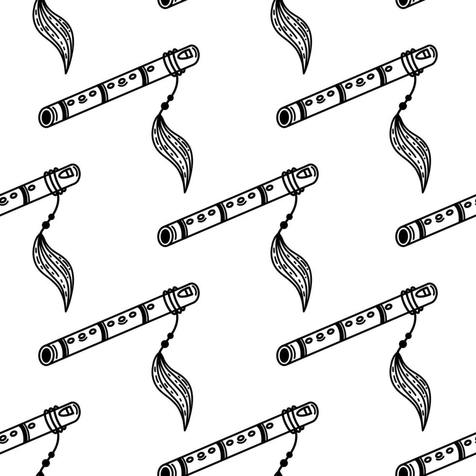 padrão de vetor sem costura flauta pimak. instrumento musical de madeira desenhado à mão decorado com penas, miçangas. tubo indiano isolado no fundo branco. pano de fundo monocromático para web, embrulho